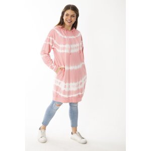 Şans Women's Plus Size Pink Tie Dye Patterned Long Sweatshirt with a hoodie