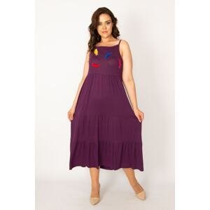 Şans Women's Large Size Purple Appliqued Layered Strap Dress