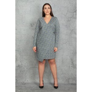 Şans Women's Plus Size Gray Checkered Waist Detail Wrapped Lined Dress