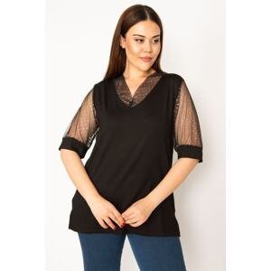 Şans Women's Plus Size Black Sleeve And Collar Tulle And Stone Detailed Blouse