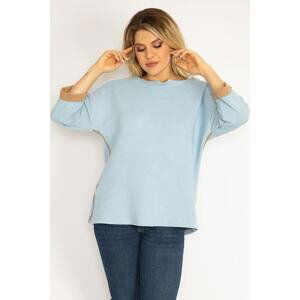 Şans Women's Plus Size Blue Piping Detailed Capri Sleeve Sweatshirt