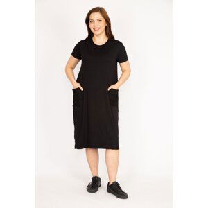 Şans Women's Black Plus Size Pocket Mesh Detailed Short Sleeve Viscose Dress
