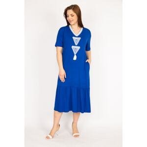 Şans Women's Saks Plus Size Embroidery Detailed V-Neck Side Pocket Dress