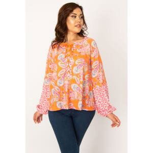 Şans Women's Colorful Plus Size Collar Laced Sleeve Detailed Blouse