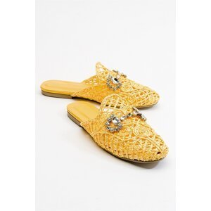 LuviShoes Noble Genuine Leather Yellow Knitted Stone Women's Slippers