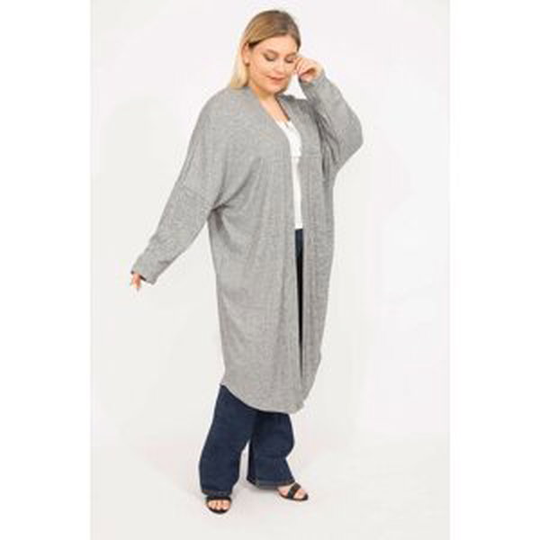 Şans Women's Gray Plus Size Comfortable Cut, Self-striped Long Cardigan