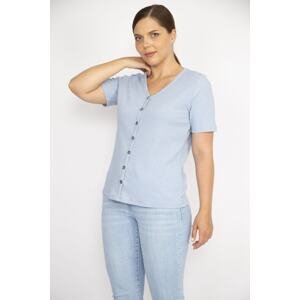 Şans Women's Blue Plus Size V-Neck Front Ornamental Buttoned Camisole Fabric Short Sleeve Blouse