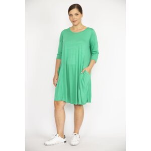 Şans Women's Green Large Size Crew Neck Capri Sleeve Pocket Dress
