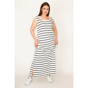 Şans Women's Plus Size Navy Blue Striped Long Dress with Side Slit