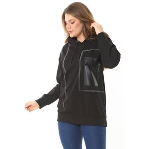Şans Women's Plus Size Black Stone And Faux Leather Detailed Hooded Sweatshirt