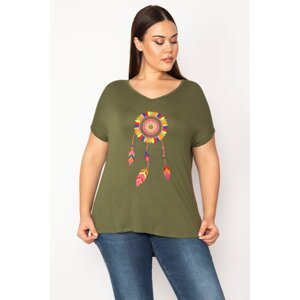 Şans Women's Plus Size Khaki Embroidery Detail V-Neck Low Sleeve Blouse
