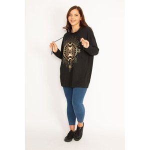 Şans Women's Large Size Black Front Printed Hooded Tunic