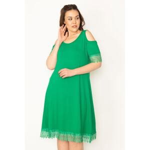 Şans Women's Large Size Green Off-Shoulder Lace Dress