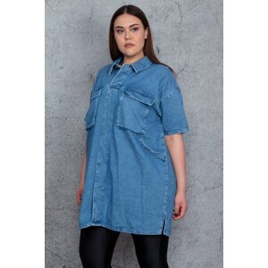 Şans Women's Large Size Blue Patchwork 2 Buttons Cargo Pocket Denim Tunic