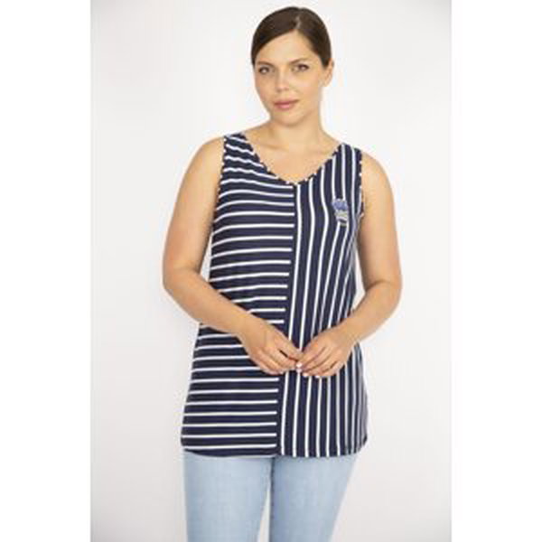 Şans Women's Navy Blue Plus Size Stripe Combined Sleeveless Blouse