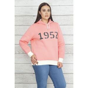 Şans Women's Large Size Pink Hooded Sweatshirt with Ribbon Inside