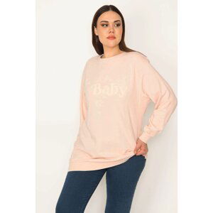 Şans Women's Large Size Pink Front Printed Sweatshirt