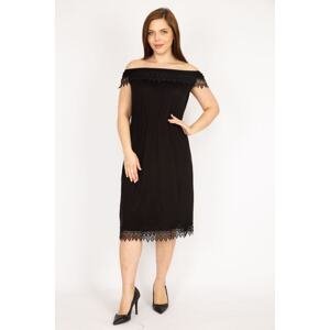Şans Women's Black Plus Size Collar Elastic Lace Detailed Dress