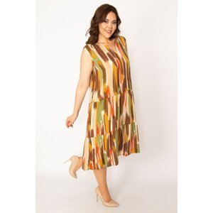 Şans Women's Plus Size Colorful Woven Viscose Fabric Brushed Patterned V-Neck Dress