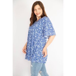 Şans Women's Blue Large Size V-Neck Front A Pleated Tunic