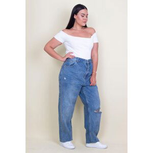 Şans Women's Plus Size Blue Ripped Detailed High Waist Oversized Friend Jeans Pants