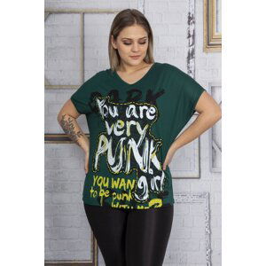 Şans Women's Plus Size Green Low Sleeve Front Printed Viscose Blouse