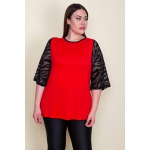 Şans Women's Plus Size Red Flocked Sleeves Tulle Detail Viscose Blouse