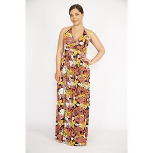 Şans Women's Colorful Large Size Backless Strappy V-Neck Slit Long Dress