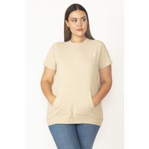 Şans Women's Plus Size Camel Kanuru Low-Sleeve Sweatshirt with Pocket