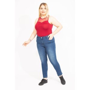 Şans Women's Large Size Navy Blue Side Belt Elastic 5 Pocket Lycra Jeans
