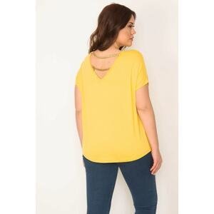 Şans Women's Plus Size Yellow Back Detail V-Neck Blouse