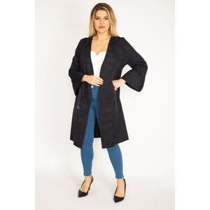 Şans Women's Plus Size Navy Blue Flocked Printed Unlined Jacket