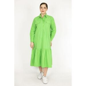 Şans Women's Green Plus Size Front Placket Buttoned Chest Pocket Skirt-Layered Dress