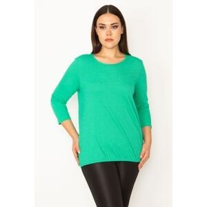 Şans Women's Large Size Green Thin Striped Blouse with Elastic Hem