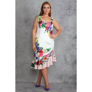 Şans Women's Plus Size Bone V-neck, Floral Pattern Lined Dress with Flounces at the Hem