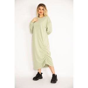 Şans Women's Plus Size Green Gathered Detailed Sweatshirt Dress