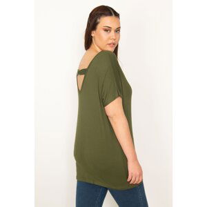 Şans Women's Plus Size Khaki Back Detail V-Neck Blouse