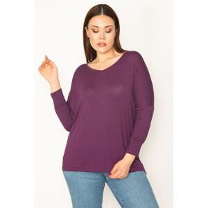 Şans Women's Plus Size Damson V-Neck Long Sleeve Basic Blouse