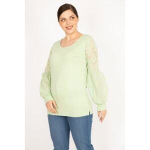 Şans Women's Green Plus Size Sleeves Tulle Lace Detailed Tunic