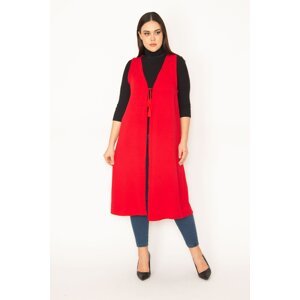 Şans Women's Plus Size Red Lace Front Unlined Long Vest