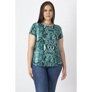 Şans Women's Plus Size Green Crew Neck Basic Patterned T-Shirt