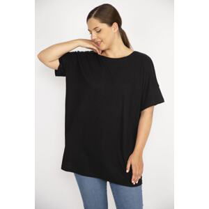 Şans Women's Black Plus Size Crew Neck Short Sleeve Blouse