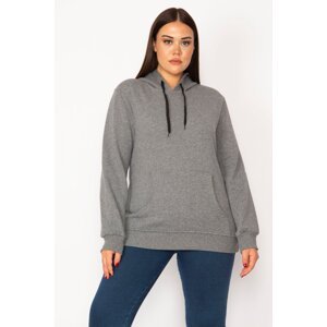 Şans Women's Plus Size Gray Inner Raising 3 Thread Kangaroo Pocket Hooded Sweatshirt