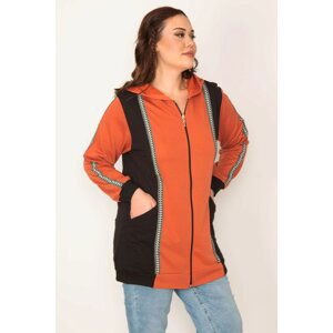 Şans Women's Large Size Orange Zipper and Hood Detailed Color Combination Sweatshirt