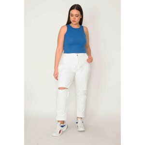 Şans Women's Large Size White Ripped Detailed Lycra-Free Denim Trousers