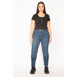 Şans Women's Large Size Navy Blue Side Seam Detailed Washed Effect 5 Pocket Jeans