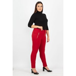 Şans Women's Large Size Claret Red Zipper Detailed Trousers