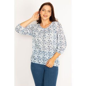 Şans Women's Plus Size Blue Elasticated Sleeves And Hem blouse