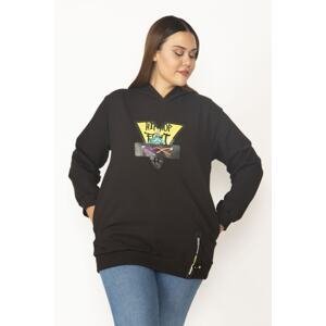 Şans Women's Large Size Black Digital Printing and Hooded Detailed Side Pocket Sweatshirt