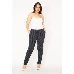 Şans Women's Large Size Navy Blue Striped Side and Back Fleto Pocket Classic Trousers